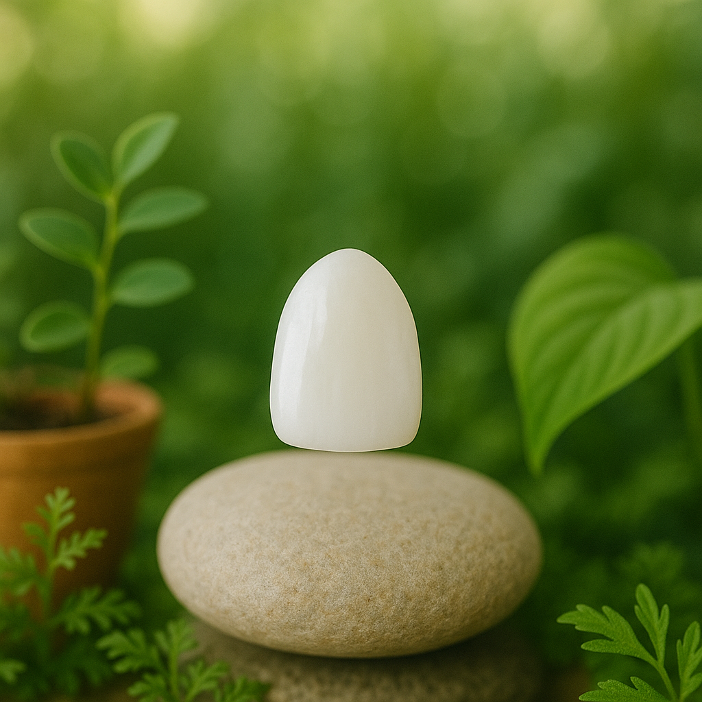 Facette dentaire posée sur un galet, entourée de plantes vertes, symbolisant l’approche naturelle et esthétique du Dr Stéphanie Gouiran à Carry-le-Rouet.