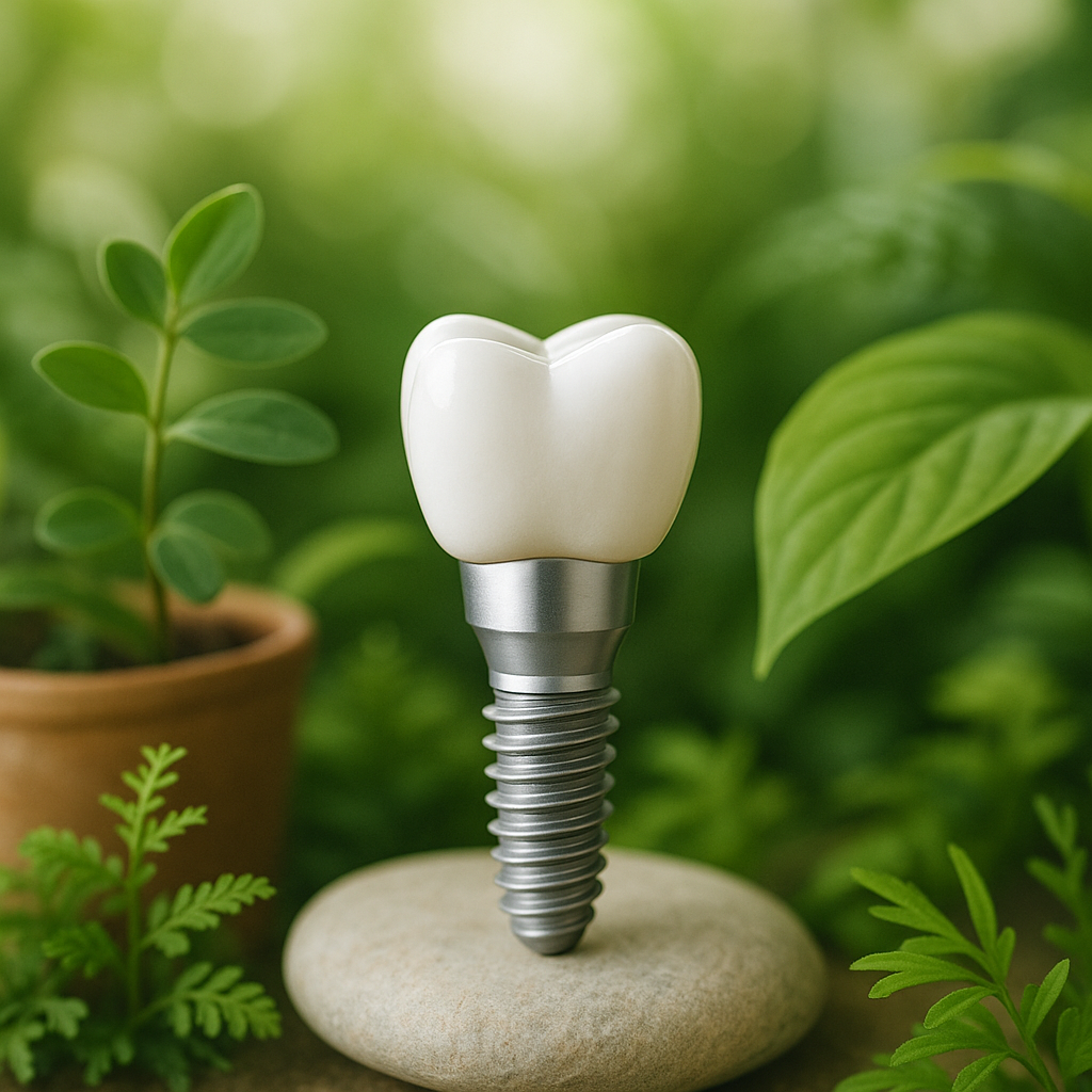 Implant dentaire posé sur un galet, entouré de plantes vertes, symbolisant l’approche naturelle et biocompatible du Dr Stéphanie Gouiran à Carry-le-Rouet.